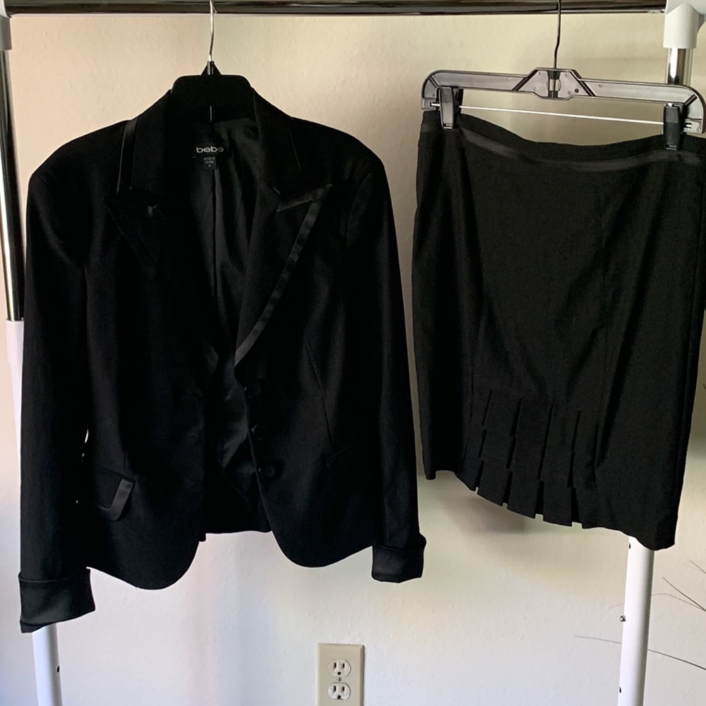 Bebe Suit: 2 piece. Blazer Jacket with Corset Back and Mini Skirt, Black, 4